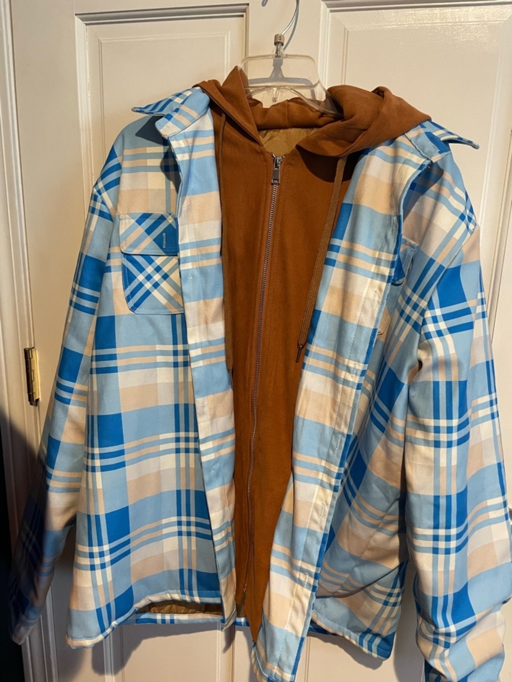 Blue & Cream Plaid Jacket with Brown Hooded Liner